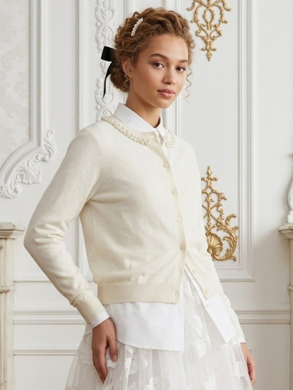 NWT H&M x Simone Rocha Wool Silk-Blend Cardigan in Ivory Pearl Trim Sweater S